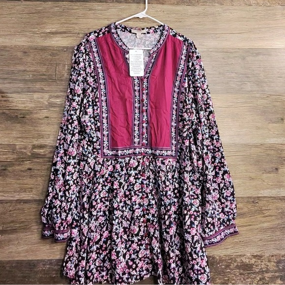 Woman Within Long Sleeve Floral Dress - Burgundy and Black - Picture 1 of 8